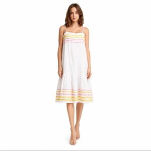 LISA MARIE FERNANDEZ White Linen Blend Yellow/Pink Ric Rac Trim Sundress Sz L💥🆕💥